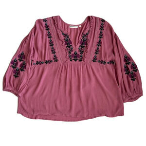 Roller Rabbit Women’s Mauve Floral Embroidered Peasant Sleeve Blouse Medium‎
